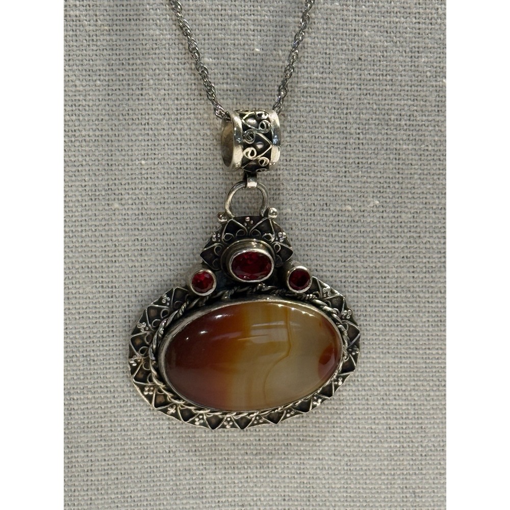 Sterling Silver Banded Agate Pendant Necklace Red Garnet Accent 925 Large